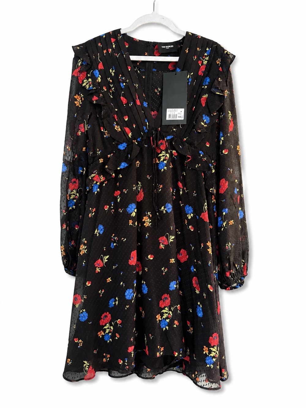 New with tags The Kooples “Daydream Flowers” black floral silk mini dress.